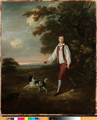 Porträt eines Jugendlichen mit einem Kricket-Schläger und Ball mit seinem schwarz-weißen Springer Spaniel in einer Lichtung vor einer bewaldeten Landschaft von Hugh Barron